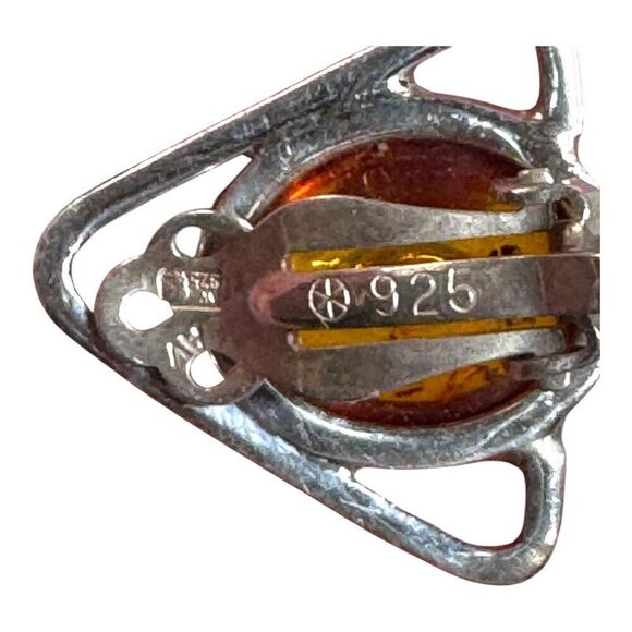 Vintage MCM Brutalist Amber Sterling Silver 925 Clip-On Earrings Triangle Design - Picture 3 of 8